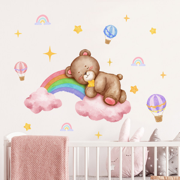 A Set Rainbow Bear Hot Air Balloons Stars Pattern Wall Stickers W