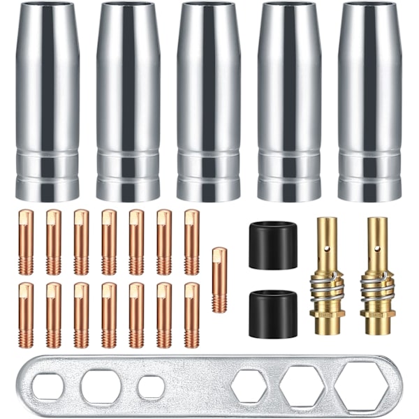25 st Svetsmunstycke Kontakttoppar, Gasslangshållare, Svetsning Passar AK-15/MB-15, 5 st Gassmunstycken, 15 st M6 0,8 mm Munstycken, 2 st Munstyckshandtag, 2 st