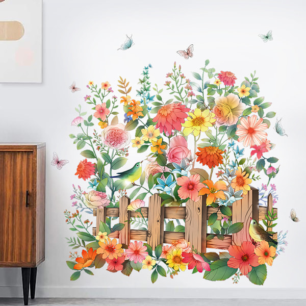 Blomväggdekaler Staket Färgglada Blommor Fjäril Väggdekaler för Sovrum Vardagsrum Kök Dekoration