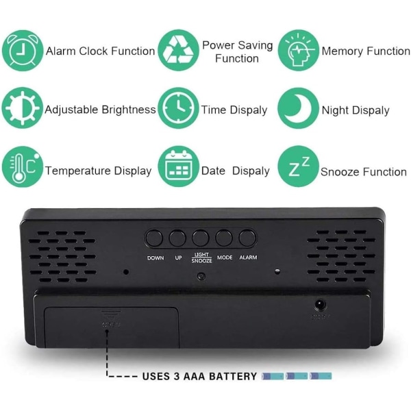 Digitalt LED-vækkeur med spejl, snooze-funktion, stemmestyring, temperaturvisning, 12/24-timers format, til soveværelse, kontor, justerbar lysstyrke, sort