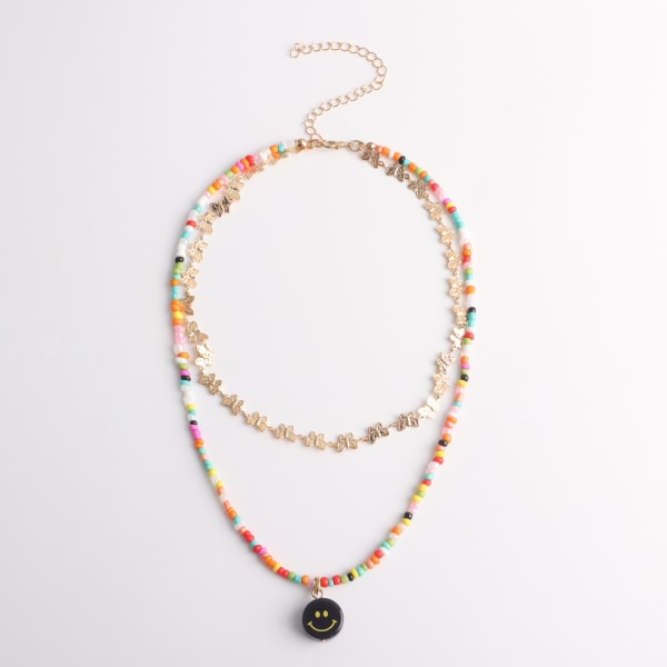 Boho Smiley Face Layered Halskæde Guld Farverige Beaded Chain Neck