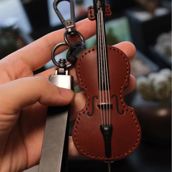 Håndlavet Læder Violin & Cello Nøglering, Musikalsk Instrument Nøglering