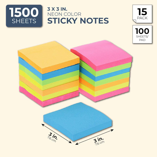 (15 pakke) Sticky Notes 3x3 i Post Bright Stickies Farverige Super