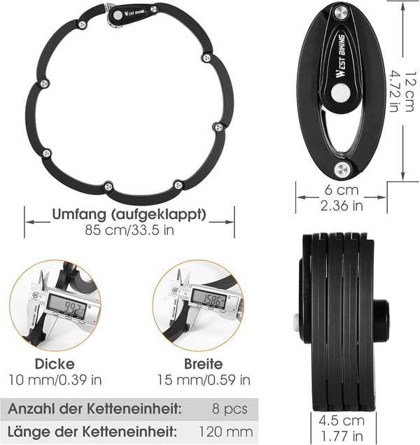 Hopfällbart cykellås - Hög säkerhet - 85 cm långt - Cykellås med fäste - Lås med starka leder