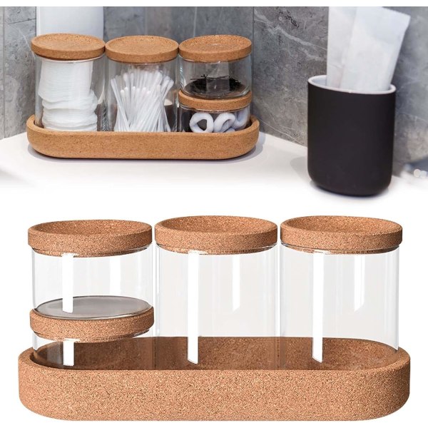 4-pack korkbomullstopsdispenser med hållare i klart glas -