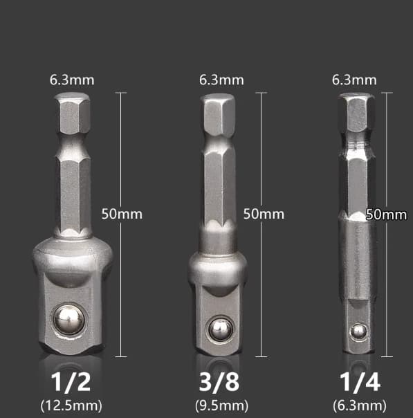 Pakke med sekskantet skaftadapter til slagnøgle (1/4\", 3/8\", 1/2\").