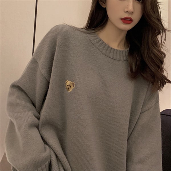 Kvinners Oversized Crewneck Lykteslange Ermet Løs Genser Chunky