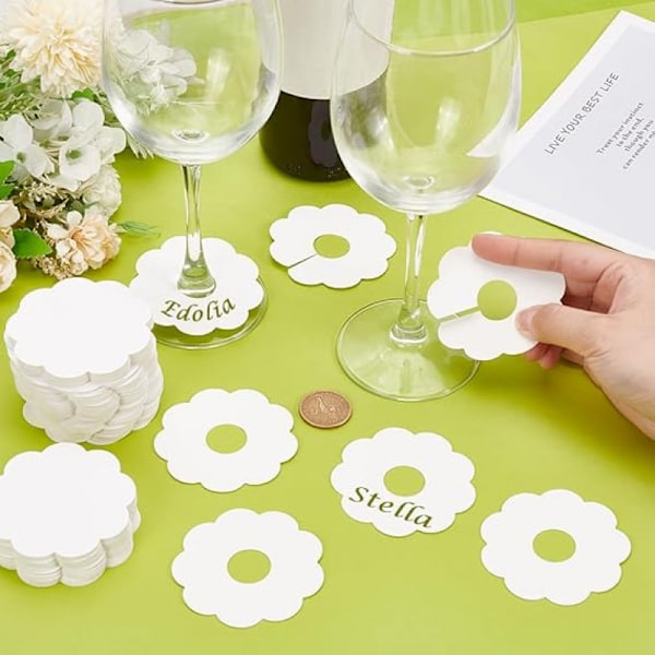Blank Blomster Papir Vinglas Markør til Stilkglas Drikke Navneskilte Blomstermønster Engangs Vinlabel Vinglas Charm