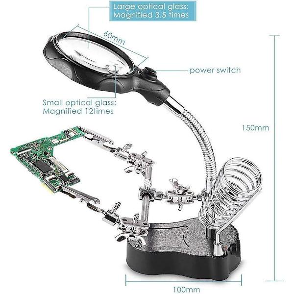 Led-lys hjælpende hænder forstørrelsesglas station oplyst håndfri forstørrelsesglas stativ med klemme og alligator clips - til lodning, montering, reparation
