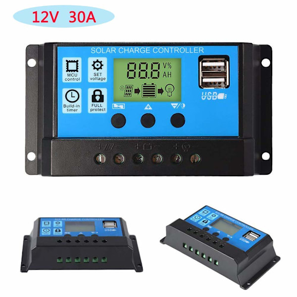 30A 12V/24V PWM Solcelleladeregulering USB-port LCD-skjerm