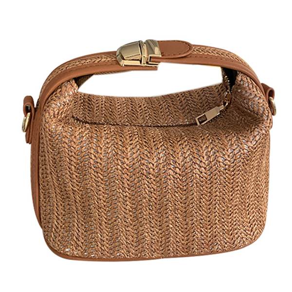 Kvinder Halm Crossbody Spandau Tasker Lynlås Top Håndtaske, Brun, 21*9.5*15.5cm