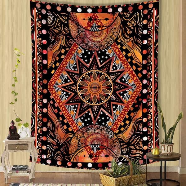 Orange Sun and Moon Tapestry Väggbonad, Indie Hippie Mandala C
