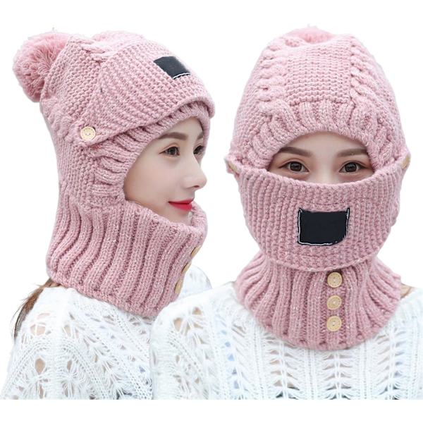 Stickad mössa med öronlappar och cirkelscarf, vinter siamesisk vindtät stickad varm mössa för kvinnor (rosa, medium)