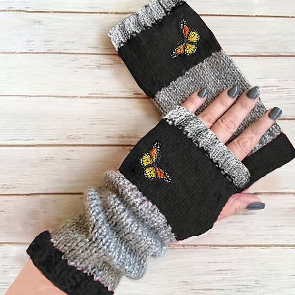 Pairs Dam Mittens, Fjärilsmönster Långa Stickade Fingervantar, Handledsärmar, Mittens för Kvinnor Flickor, Svart, One Size