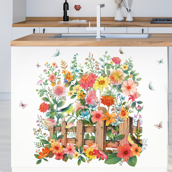 Blomväggdekaler Staket Färgglada Blommor Fjäril Väggdekaler för Sovrum Vardagsrum Kök Dekoration