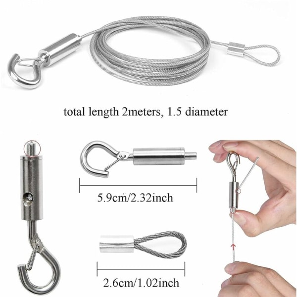 4 baldakintau, 2m rustfritt ståltråd justerbar sikkerhetstau med spenne, egnet for speilfotolysgardin tørking av klær (1,5 mm x 2 m)