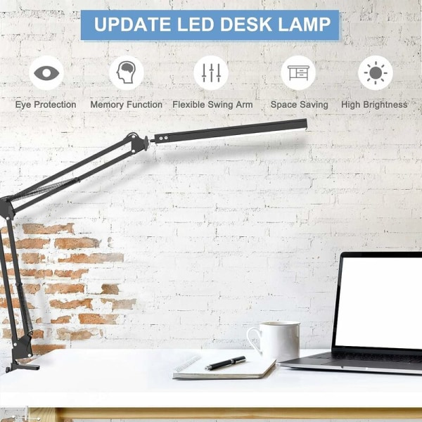 LED-skrivbordslampa med klämma, svängbar skrivbordslampa, justerbar ögonvårdsbordslampa, 3 färglägen för hemmakontor, studier, läsning, sovsalar, studior