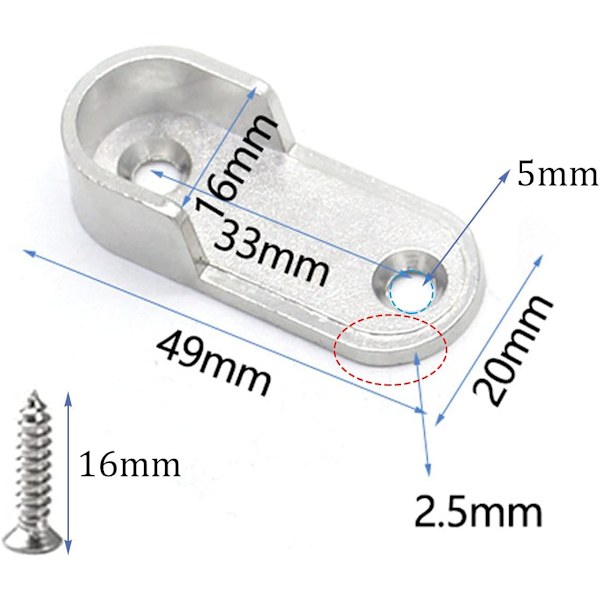 12 kappaletta kaapin tankojen päätetukia kaapin tankojen pidike kaapin tankojen pidike kaapin putkien pidikkeet ruuveilla kaappiin vaatekaappiin, 16mm