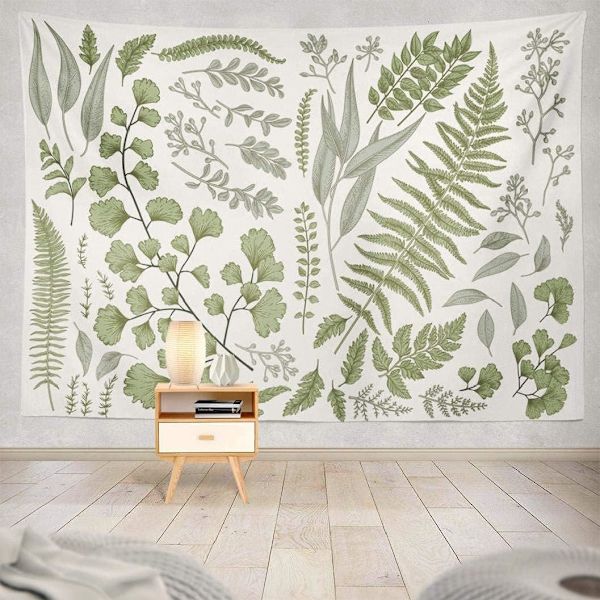 Botanisk polyestervävnad gobeläng blommig med grön vit vår