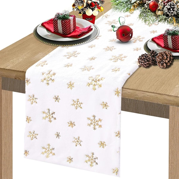 Juledug, Guldfarvet Bordløber med Snefnug, Moderne Bordløber Borddekoration til DIY Bryllup Fødselsdagsfest (33 x 180 cm)