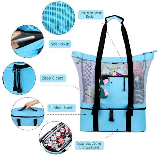 Mesh Strand Tote Taske med Køler - Aftageligt Design med Picnic Køler, Blå