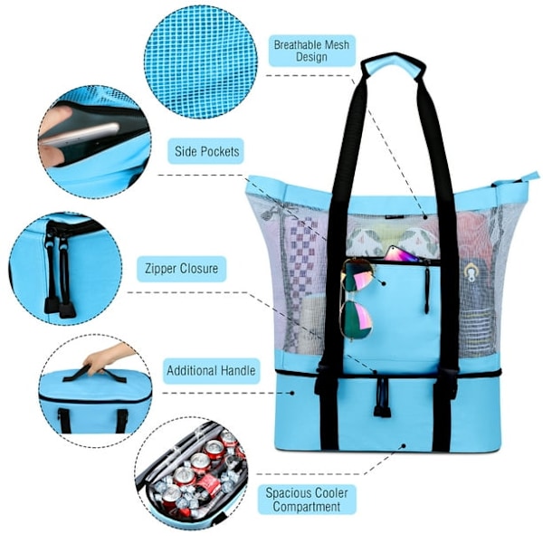 Mesh Strandväska med kylväska - Avtagbar design med picknickkylväska, blå