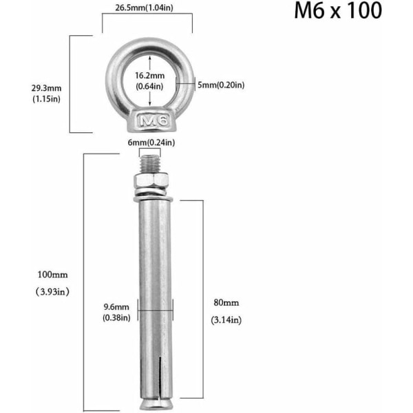 Ekspansionsskruer, 304 rustfrit stål ekspansionsskruer, kraftige ringbolte/vægekspansionsankerbolte, sølv, M6 x 100mm，（6 stk）
