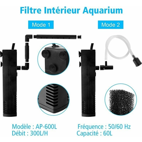 4W 600L/T Vandgennemstrømning Akvariefilter Internt Filter til 60L Akvarium Filterpumpe Akvarium med Filtersvampe til Fisk