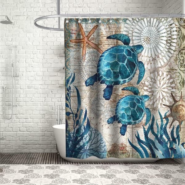 Voile Green Turtle Beach Theme Fabric Shower Curtain Set Navy Blu