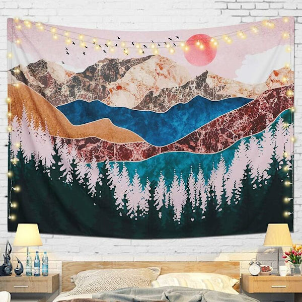 Solnedgång Väggbonad Skogsträd Tapet Berg Vägg Hängande Psykedelisk Natur Landskap Tapet Dekoration för Sovrum Vardagsrum, Färgglad, 130cmx150cm,1st