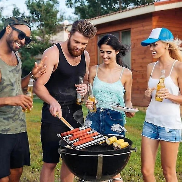 Pølsegriller for Grill, Pølsegriller Grill Rist i Rustfritt Stål med Ekstra Langt Trehåndtak, BBQ Pølsegriller for Jevn Tilberedning