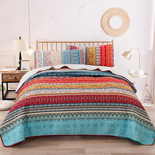 Bohemian Quilted Sengeteppe Dobbel 3 Deler Patchwork Reversibel Dyne Myk
