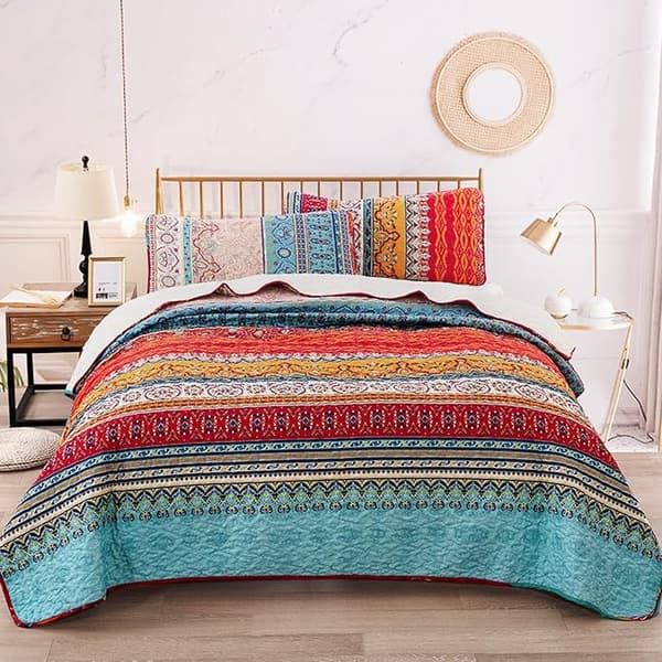 Bohemisk Quiltad Överkast Dubbel 3 Delar Patchwork Vändbar Täcke Mjuk