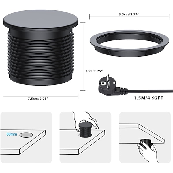 Innfelt strømbrett, Innfelt strømbrett med 1 stikkontakt, 1 USB-C-port, 1 USB-A-port, 75 mm diameter, 1,5 m kabel, skrivebordsstikkontakt for kjøkken, kontor,