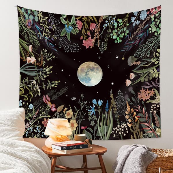 1PC Veggteppe, Psykedelisk Veggteppe, Stjernehimmel Måne Blomster
