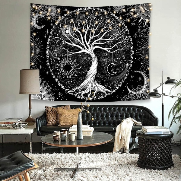 Livets träd Tapestry Svart och vit gobeläng Galaxy Space Tapes