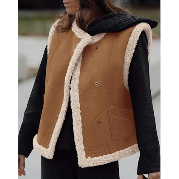 (M) Damer Vinter Kunstlæder Vest Ærmeløs Knaplåse Fleece Sherpa Foret Jakke Mode Afslappet Yderbeklædning Frakke