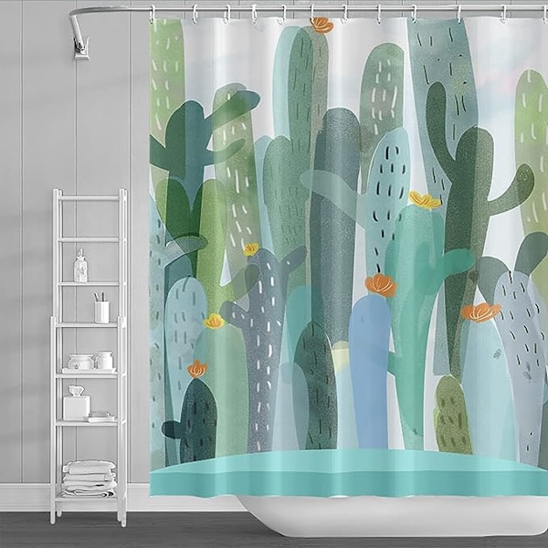 150x180cm Sukkulente Kaktus Bruseforhæng Planter Grøn Blomstermønster Bruseforhæng til Badeværelse Vandtæt Polyesterstof Sæt med Kroge