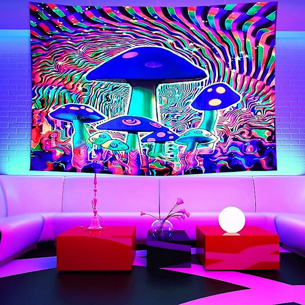 Trippy veggteppe av blacklight-sopp for soveromsestetikk, Tri