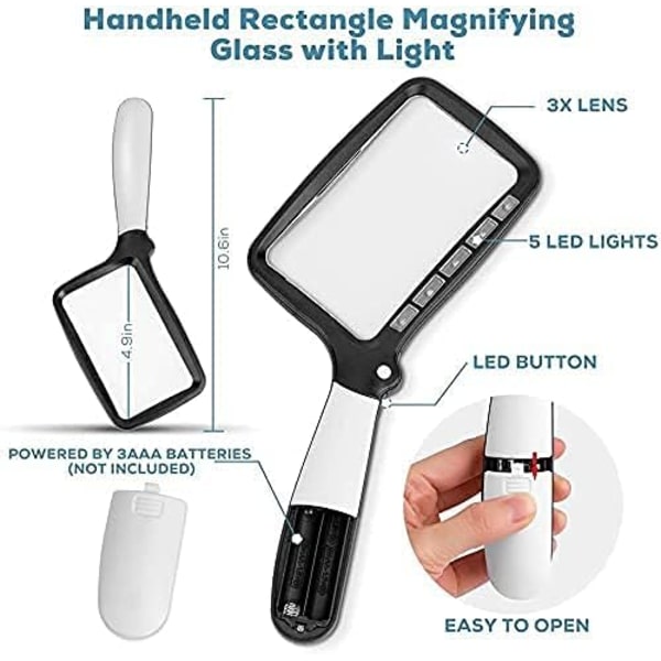 Rektangulær leselupe med 5 LED-lys, 3x stor dimbar LED-leselupe for eldre, aviser