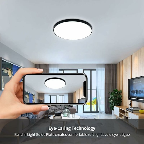 Rund LED-taklampe, 12W Moderne svart LED-taklampe IP54 Vanntett, LED-taklampe for bad, stue, kjøkken, soverom, korridor Ø 22cm