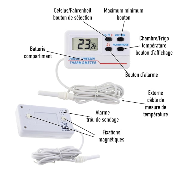 Digital kjøleskaps- eller frysertermometer - Med alarm - Max Min-funksjon - 1,2 m kabel