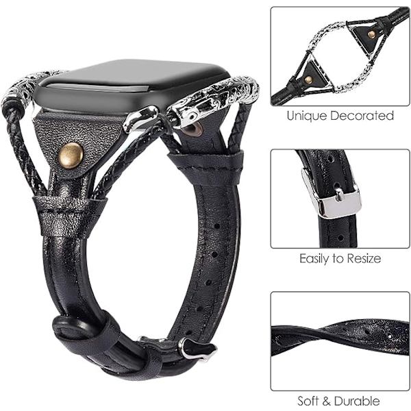Apple Watch-armband 42 mm 44 mm 45 mm för iWatch SE, handgjord tvinnad remsa, svart armband med nitar, rep-armband, stilfullt armband, silverspänne för serie 7 6 5 4 3 2 1