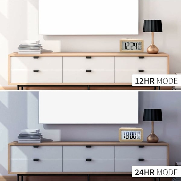 Trädigital väckarklocka, aboveClock LED väckarklocka icke-tickande digital klocka med datum, temperaturvisning, snooze-funktion, batteridriven digital klocka, 3 AAA-batterier krävs