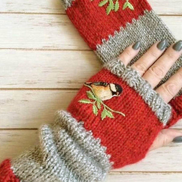 Kvinnor Höst Vinter Fågel Broderade Handskar Stickade Fingerlösa Färg