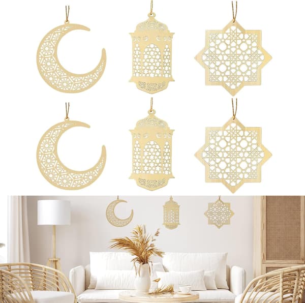 6 stk. Eid al-Fitr-ornamenter i tre, DIY Eid-ornamentdekorasjon
