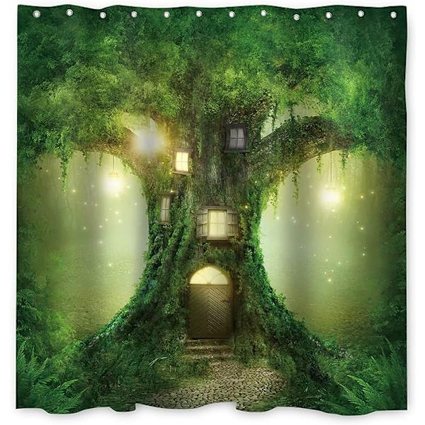 180x180cm Magisk Træhus Bruseforhæng Fantasy Skov Træ Grene Græs Badeforhæng Natur Fe Rige Badeforhæng til Børnebadeværelse med Kroge