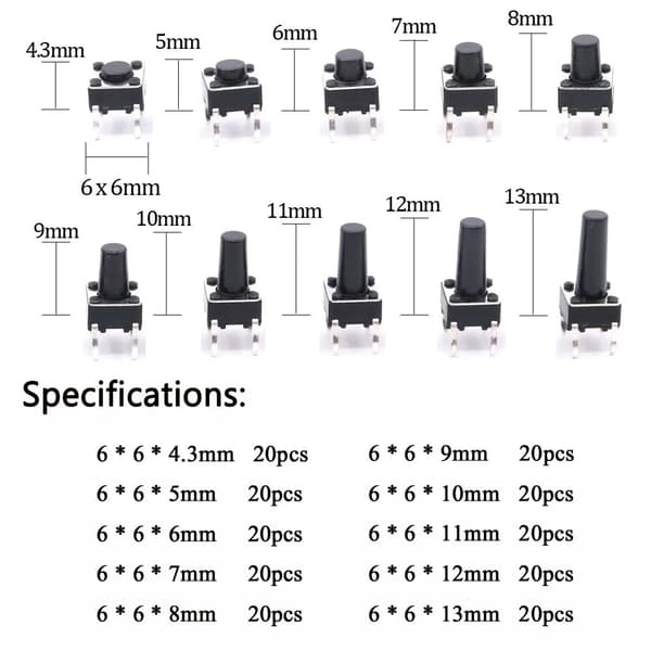 Taktil tryckknappsswitch, Taktil switch-sortimentssats, 4-polig momentan tryckknappsswitch, Mikro momentan tryckknappsswitch, för PCB-kort, 200 st
