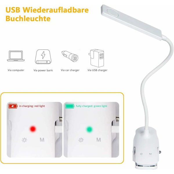 Läslampa, 24 LED USB-laddningsbar klämlampa 3 färger och 3