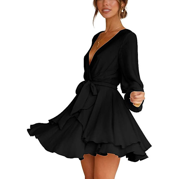 Kvinners Casual Kjole Dyp V-hals Lang Ermet Slips i Midjen Ruffle Swing